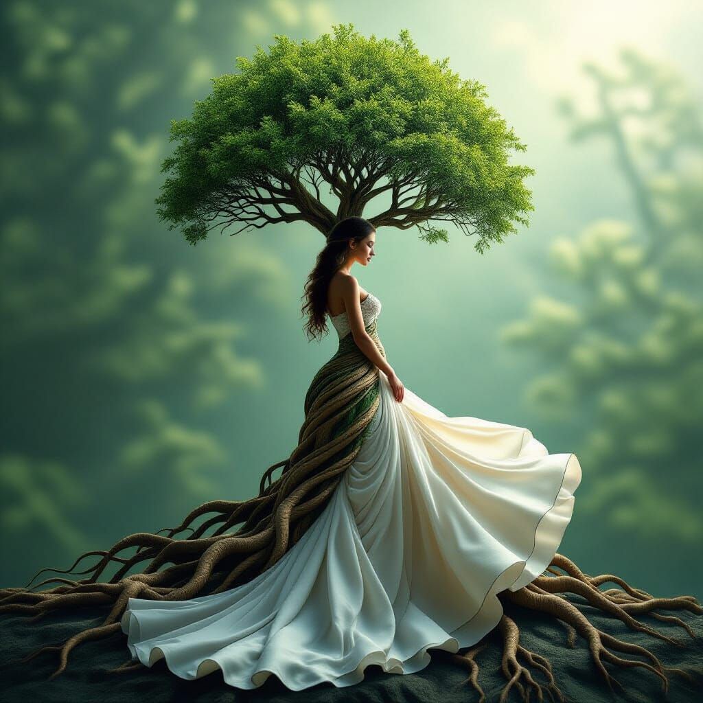 Woman Merged with Tree in Elegant Matte Style