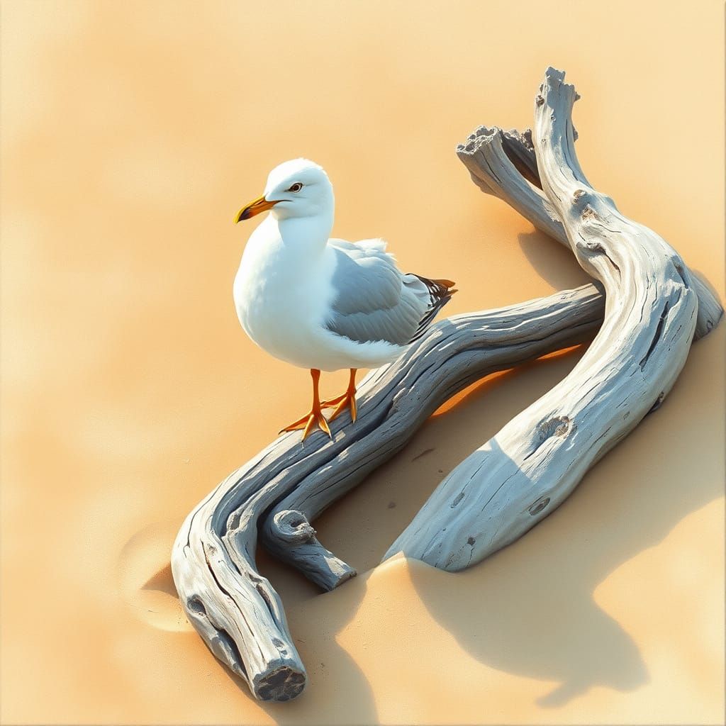 Seagull on Weathered Beach Branches in Impressionist Style
