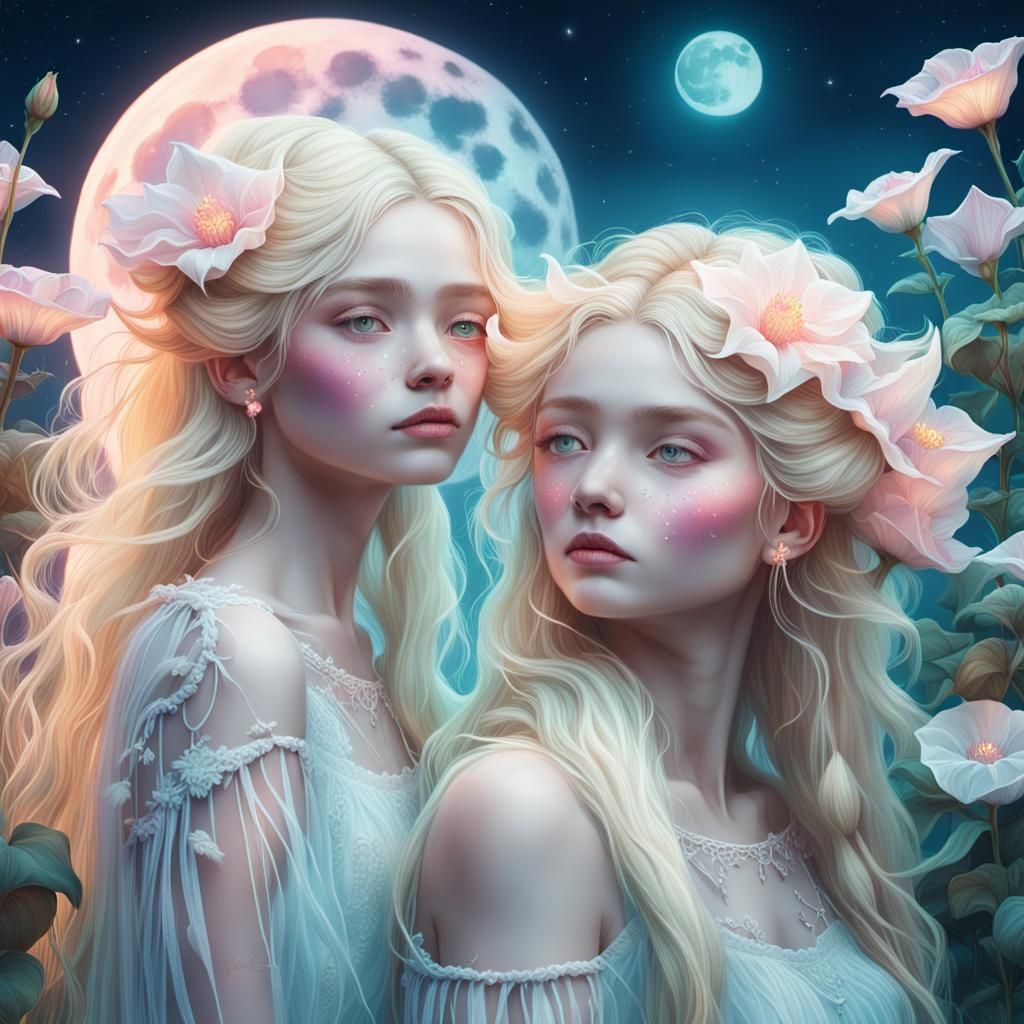 Dreamy Neon Sisters Portrait in Magical Realism