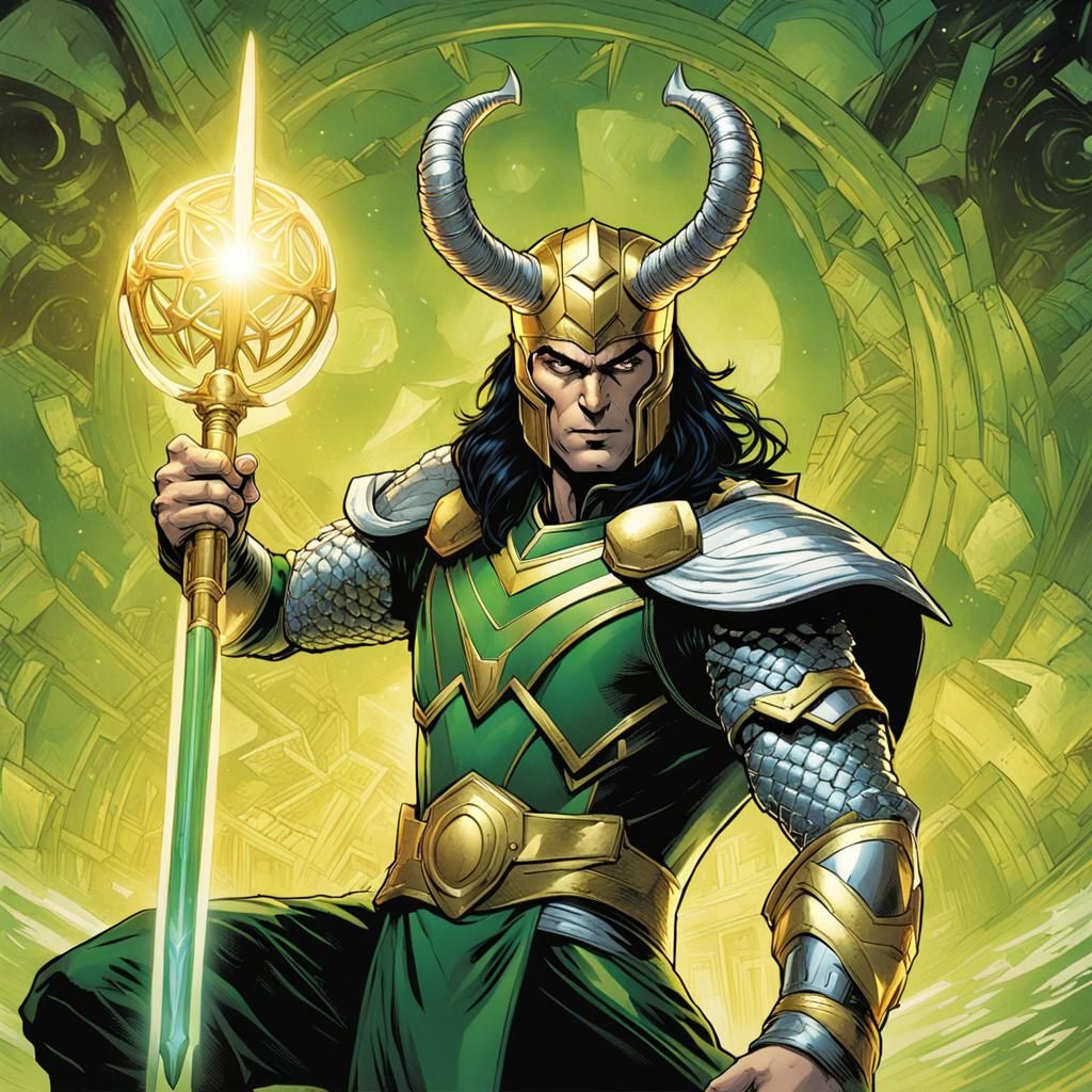 Loki with Tesseract and Scepter, Comic Book Art