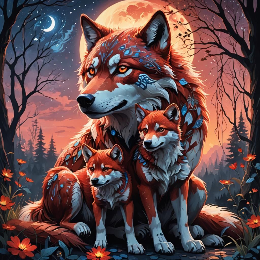 Blood-Red She-Wolf Guarding Pup in Sunset Sky