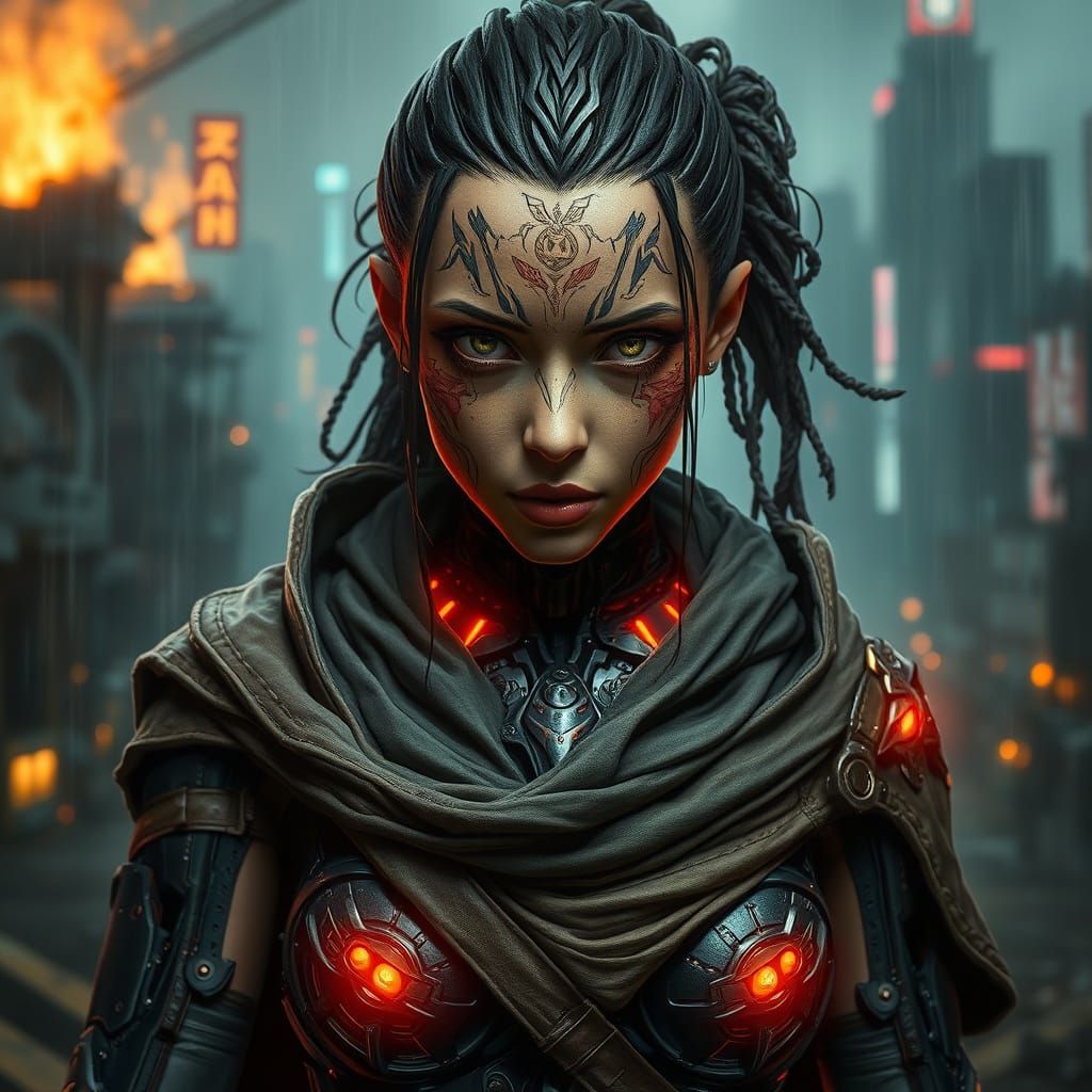 Cyborg Ninja in Ruined Metropolis: Digital Art