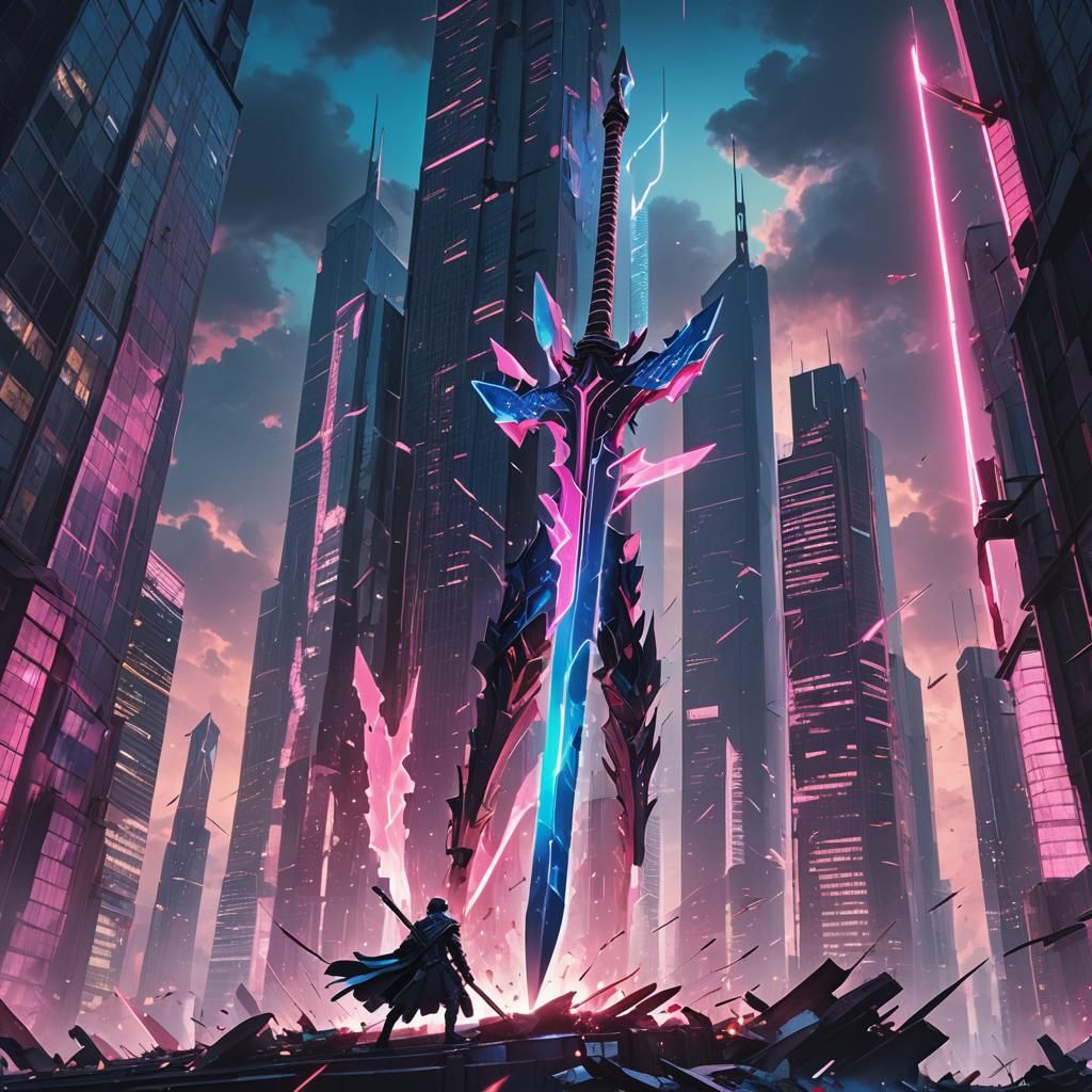 Colossal Sword Shatters Futuristic City: 3D Anime Art