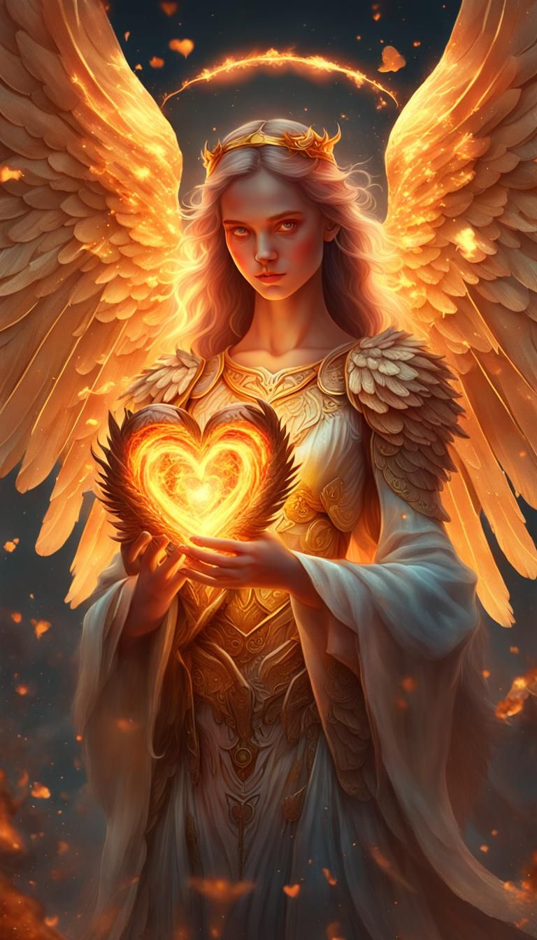 Fiery Angel Holding Heart: Digital Painting