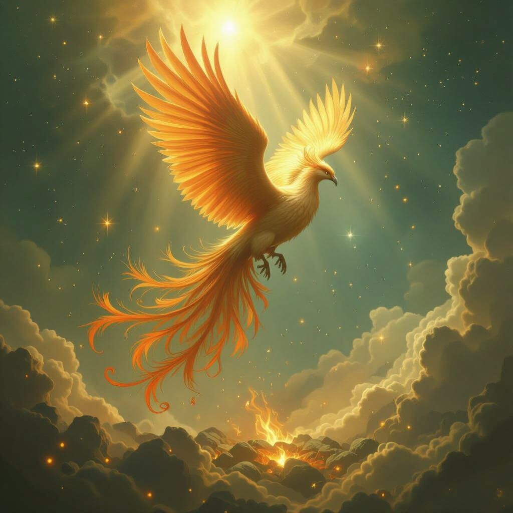 Majestic Phoenix Rises from Embers in Cosmic Nebula