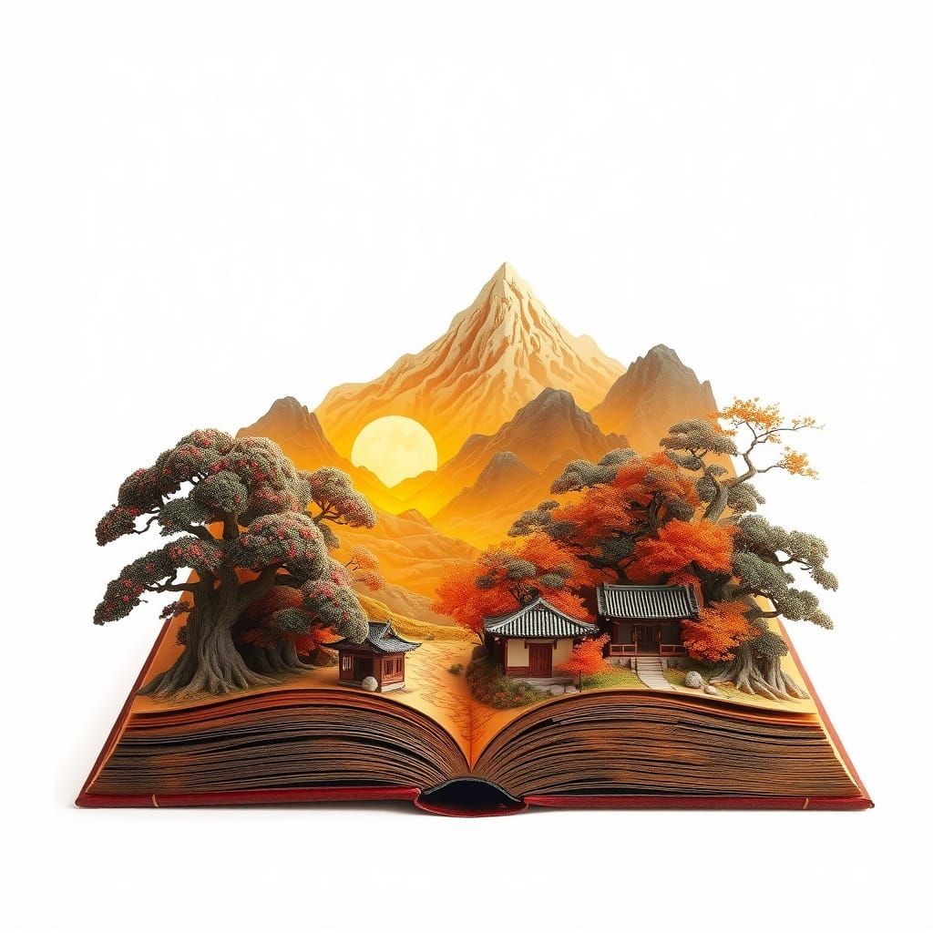 Japanese Scrolls Become Autumn Landscape, Digital Art