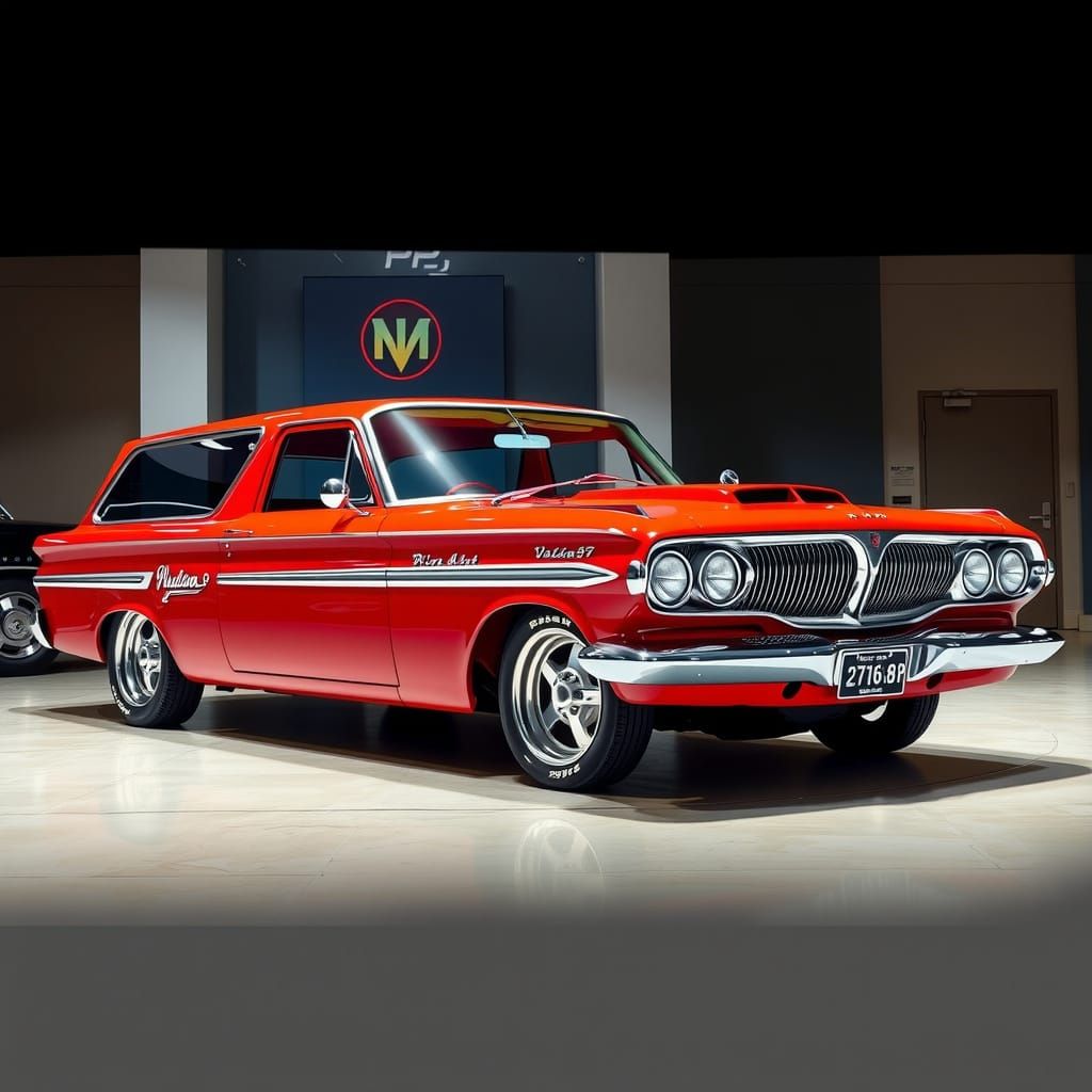1962 Plymouth valiant station wagon 5 liter hemi in sparkling candy apple red with mags on display.