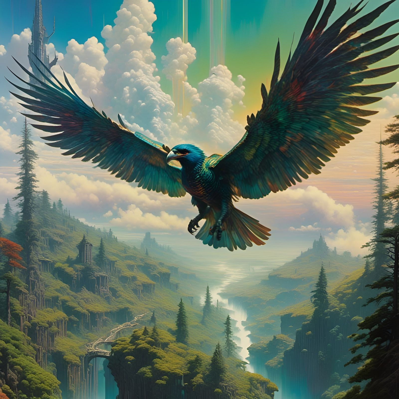 Colossal Avian Creature Soaring Over Redwoods