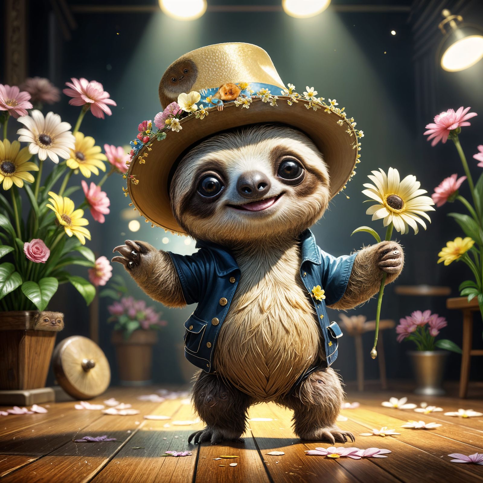 Cute Sloth Tap-Dancing on Stage in Volumetric Lighting