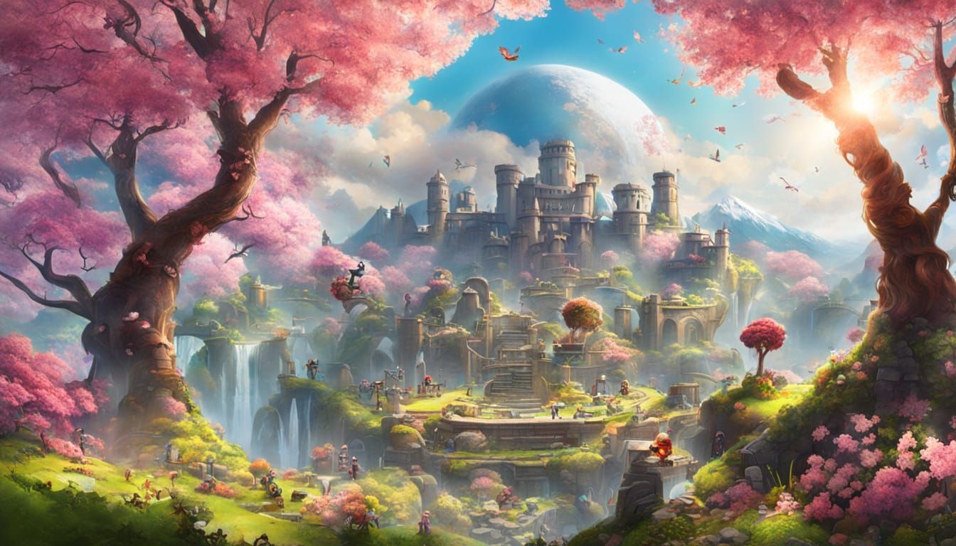 Vibrant Spring Gaming Realm in Cyberpunk Style