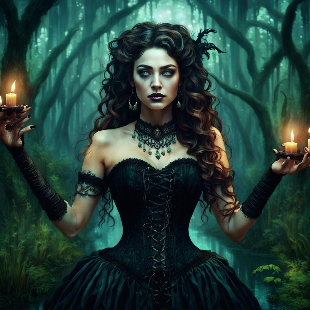 Cajun Bayou Witch Summoning Ghosts in the Swamp