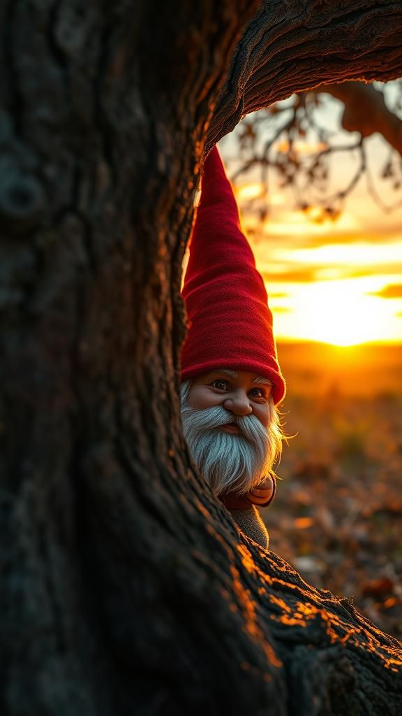 Gnome Peeking at Sunset in Hyperrealistic Detail