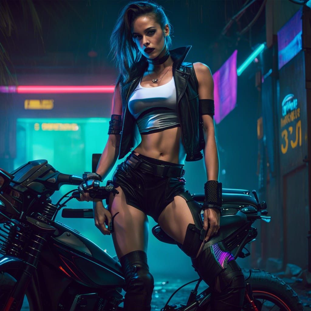 Cyberpunk Woman Poses with Motorcycle at Club