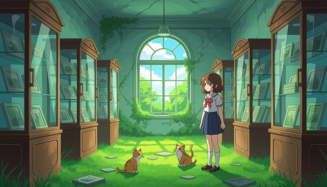 Anime Museum Ruins with Girl and Cat in Studio Trigger Style