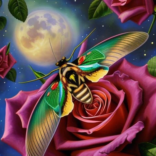 Moth on Rose at Night: Gouache Impressionist Art