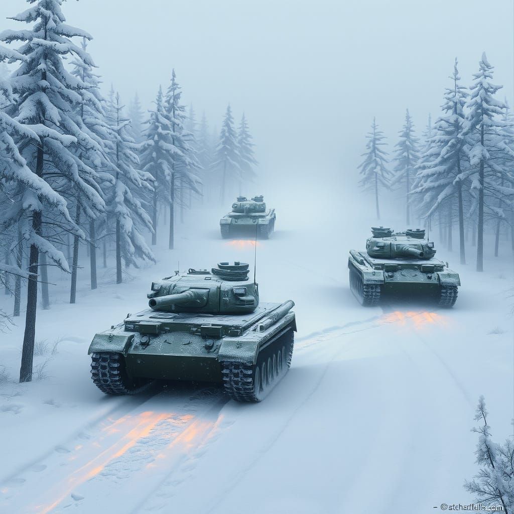 Siberian Tanks in Snowy Landscape: Realistic Digital Art