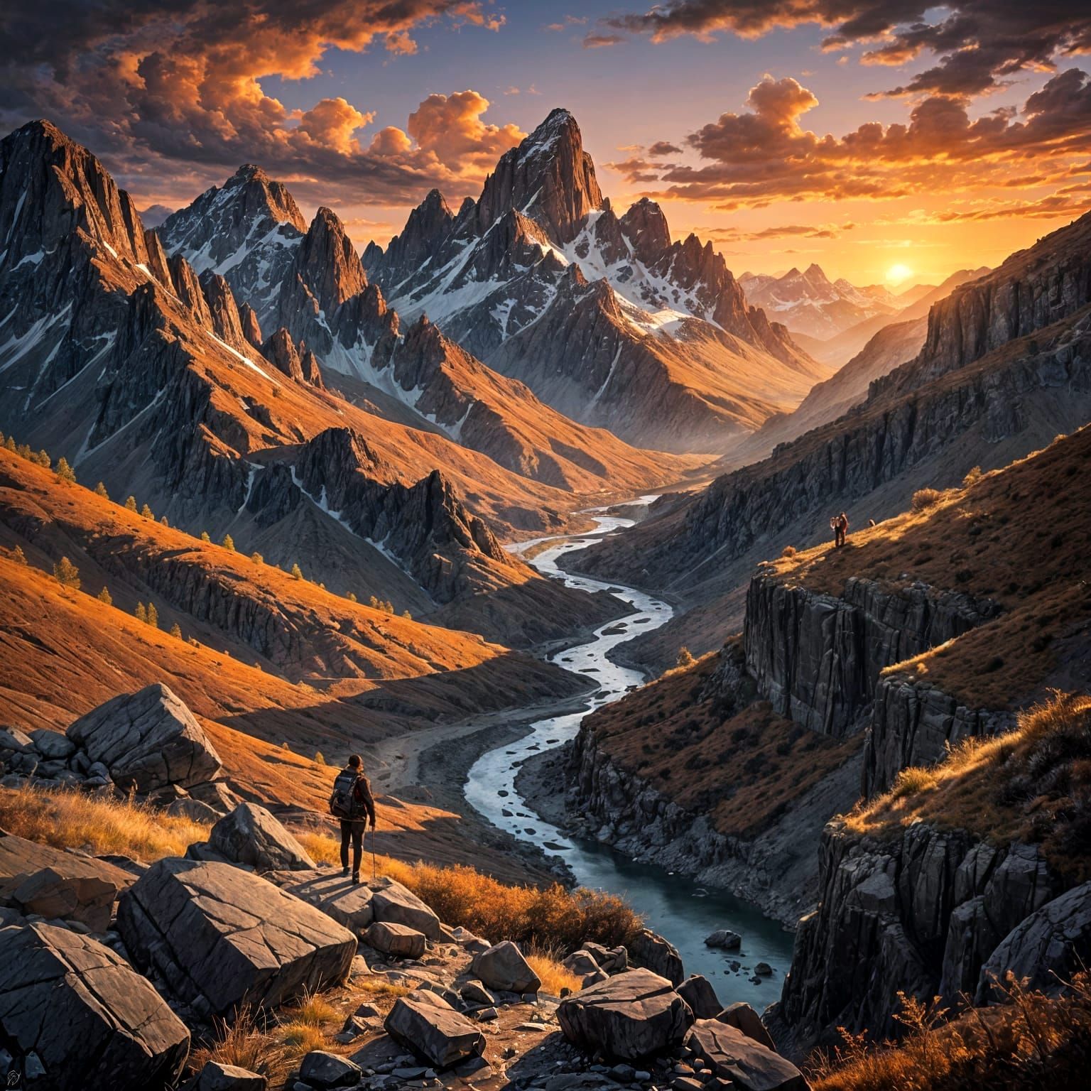 Dramatic Sunset Over Rugged Mountain Range