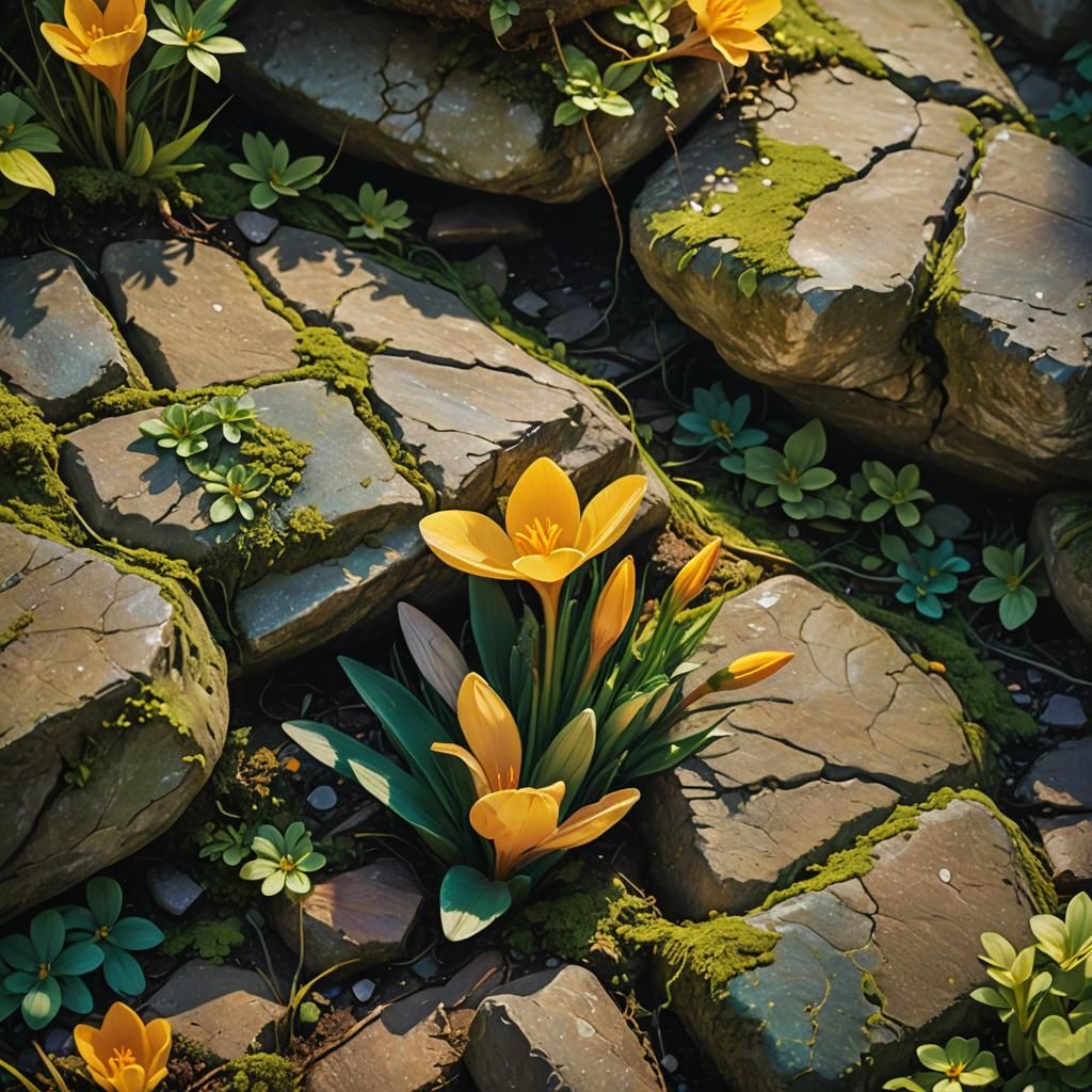 Yellow Crocus Blooms in Mystical Stone Wall