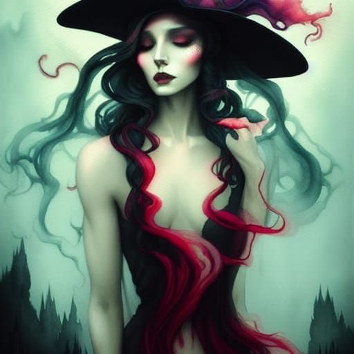 Ethereal Witch Portrait in Synthwave Watercolor Style