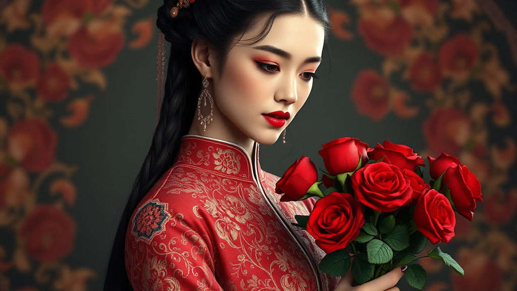 Elegant Woman with Roses in Ornate Traditional Dress