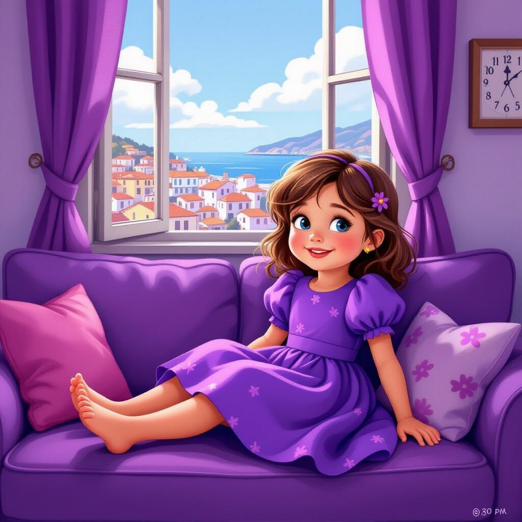 Italian Girl Watches 80s TV on Couch in Cartoon Style