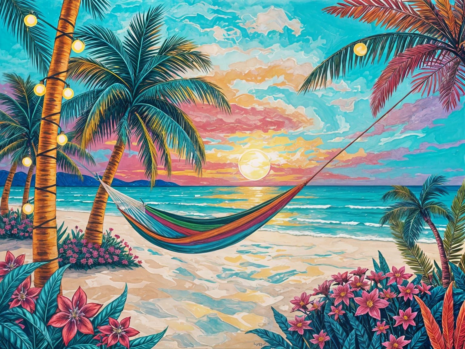 Surreal Beachside Oasis in Vibrant Acrylic Colors