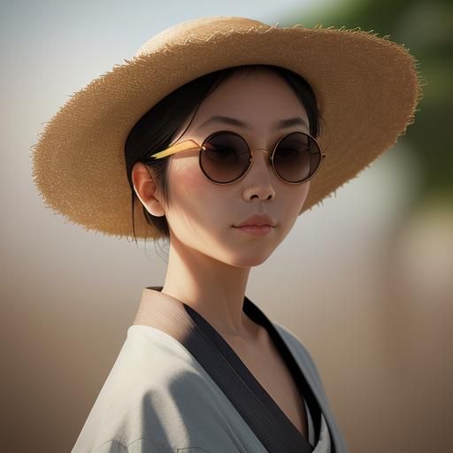 Samurai in Straw Hat and Sunglasses Portrait