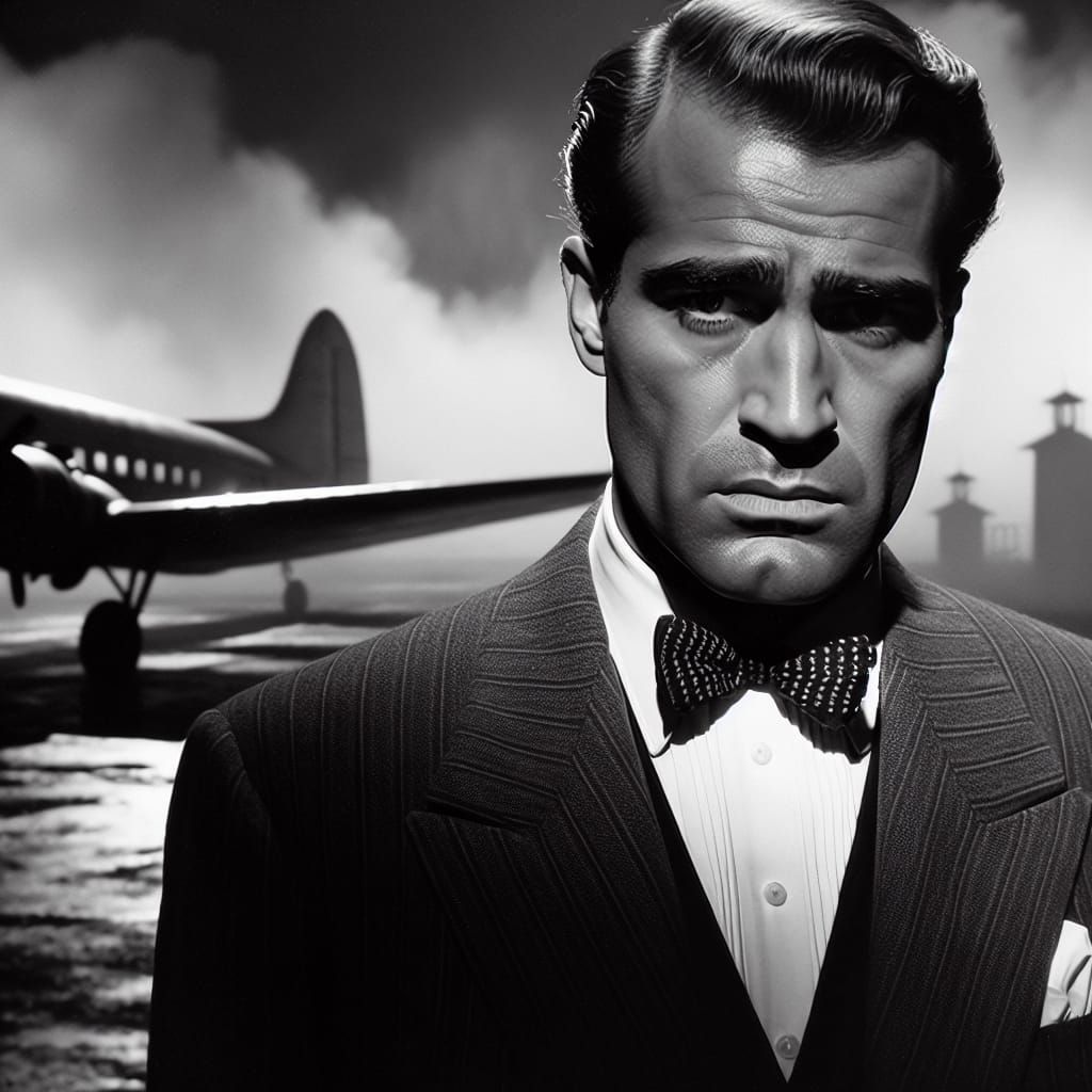 Classic Film Noir Hero Stands at Airport Runway