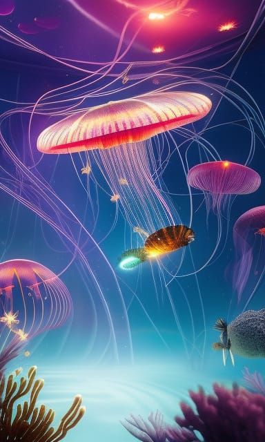 Mystical Jellyfish in Underwater Firefly Scene