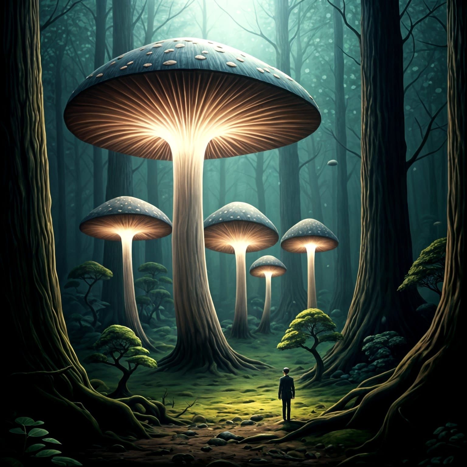 Surreal Giant Mushroom Forest, Oil on Canvas