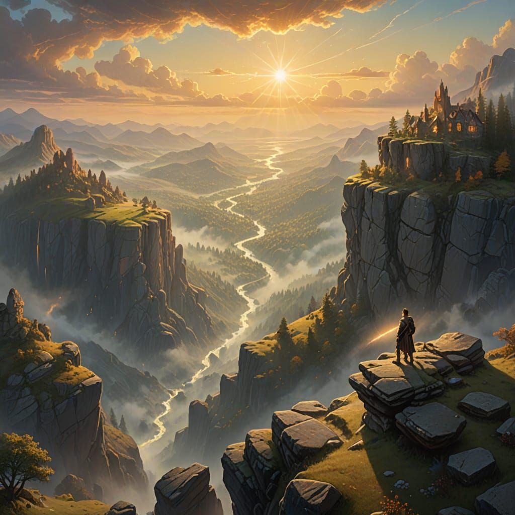 Ethereal Fantasy Valley: Adventurer in Golden Hour Mist