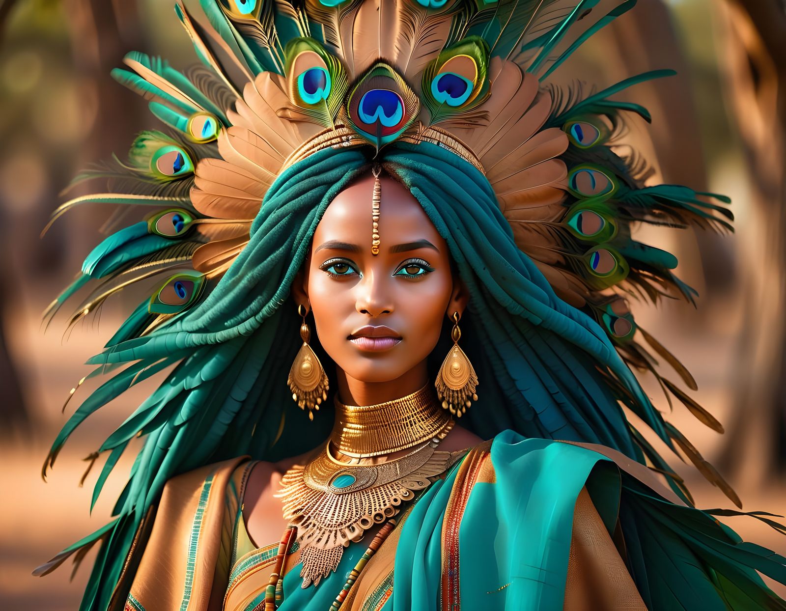 Ethiopian Princess in Peacock Headdress, Savanna Beauty