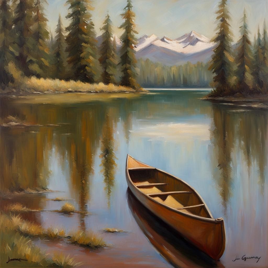Canoe on Serene Lake, Oil Painting