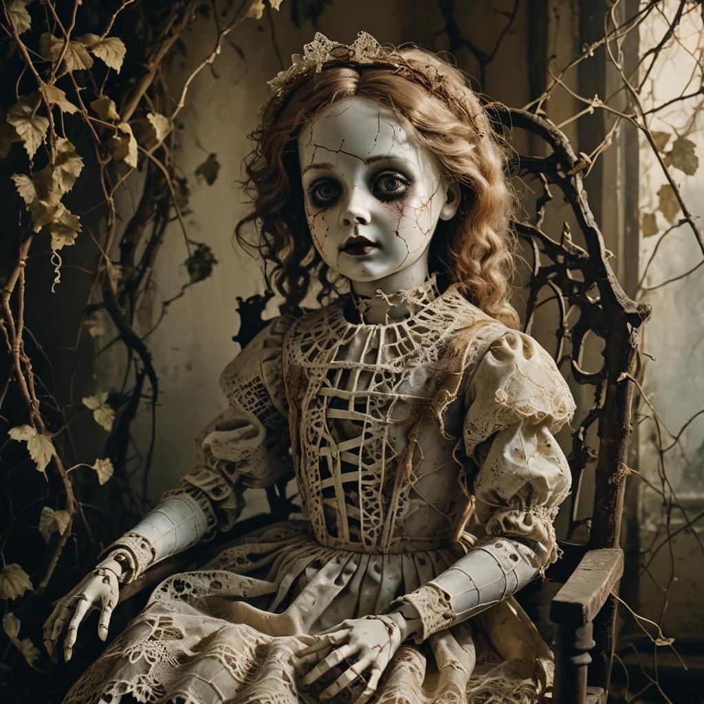 Creepy Porcelain Doll in Overgrown Victorian Room