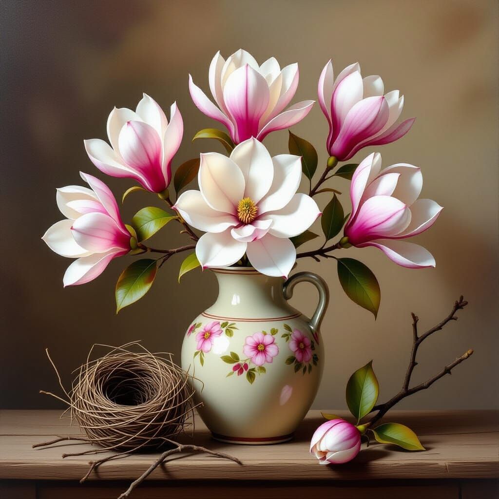 Vibrant Magnolia Still Life with Bird's Nest in Gouache Styl...