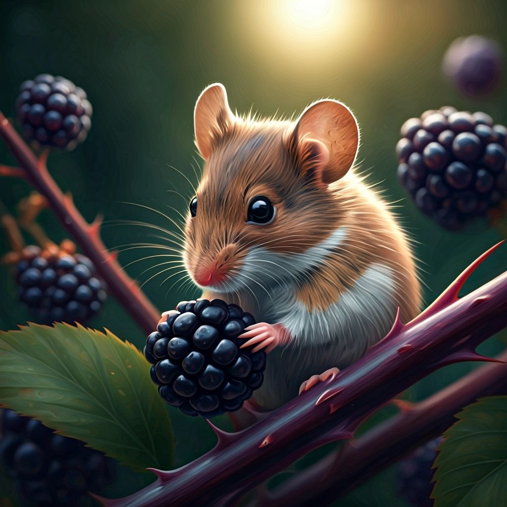 Whimsical Mouse Eats Blackberry in Ethereal Fantasy