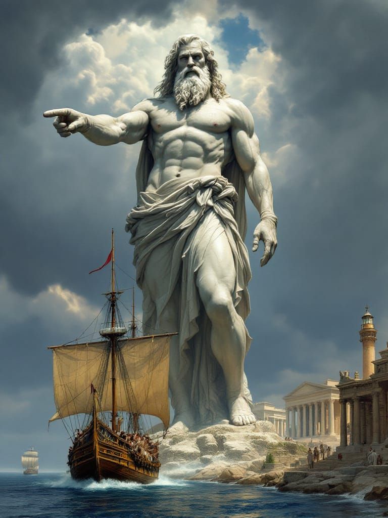 Zeus Marble Statue Overlooking Ancient Greek Harbor