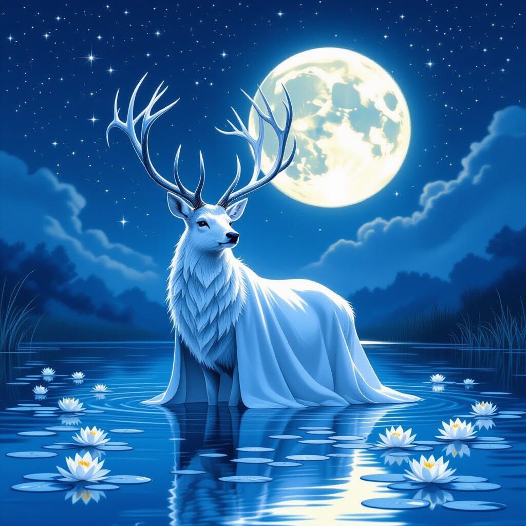 Moonlit Stag with Starry Antlers, Fantasy Art