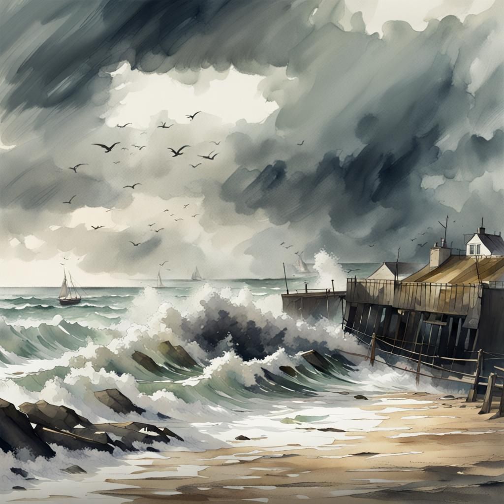 Stormy British Beach as Digital Watercolour