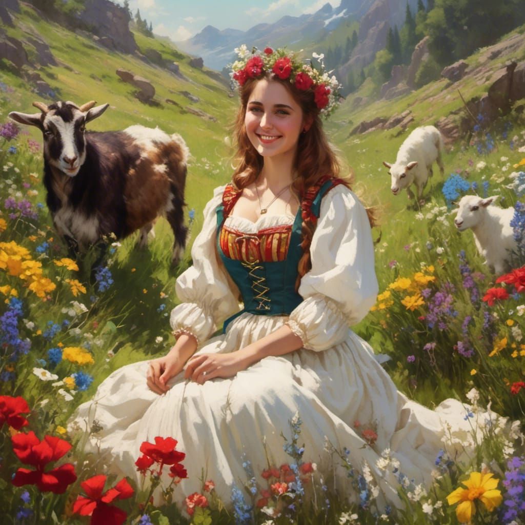 Smiling Woman in Swiss Costume in Flower Meadow
