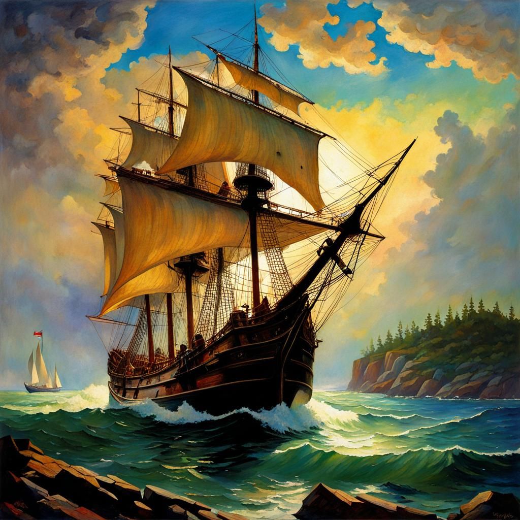 Sailing Ship Fantasy Art in N.C. Wyeth Style