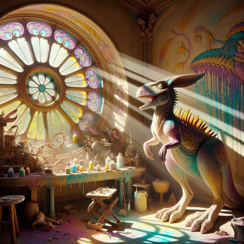 Pastel Steampunk Kangaroo-Rex Hybrid in Artist's Workshop