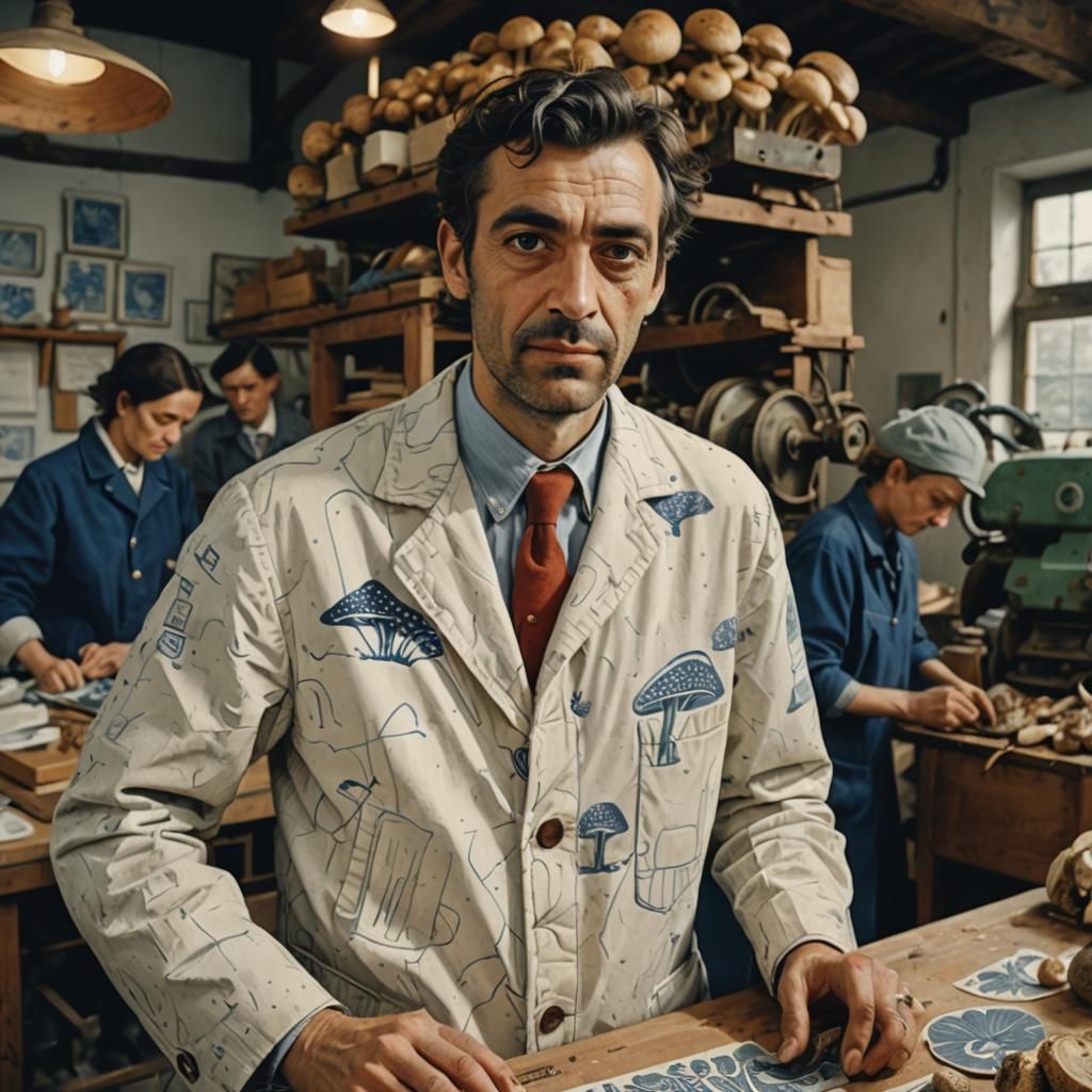 Activists Tending to Mushrooms in a Futuristic Landscape