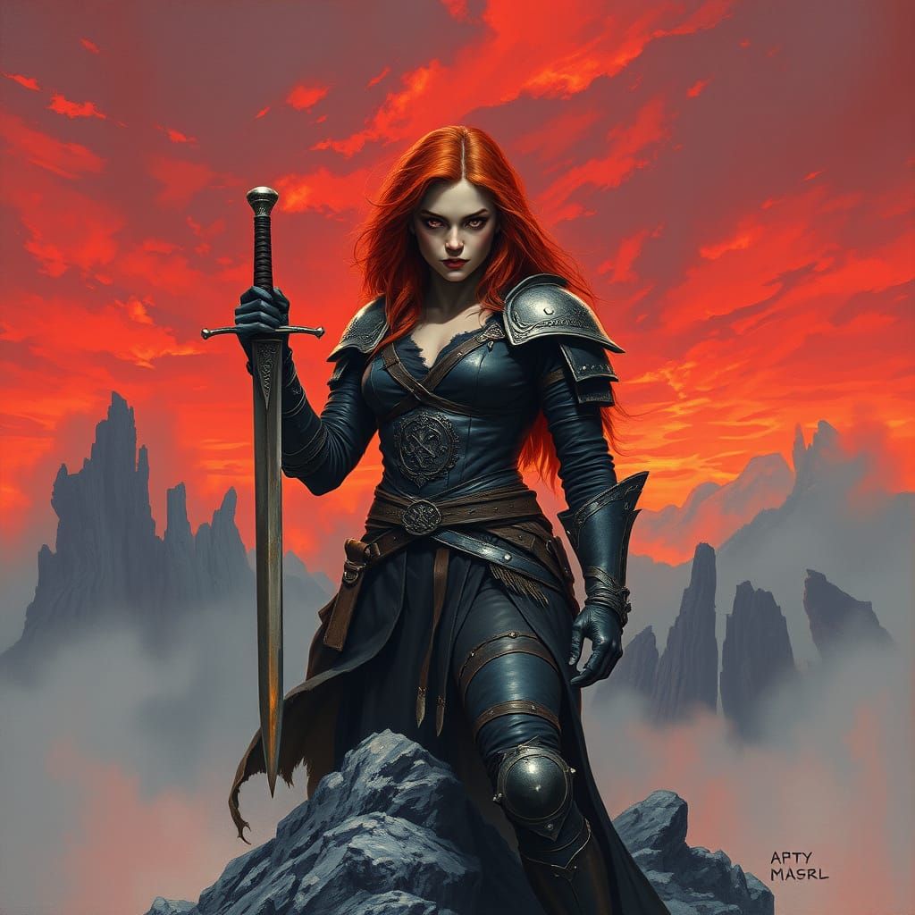 Ginger haired, red eyed woman with sword
