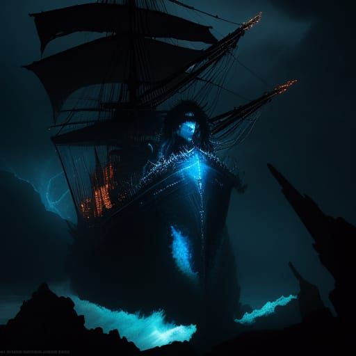 Ship Rams Medusa's Head: Dark Fantasy Art