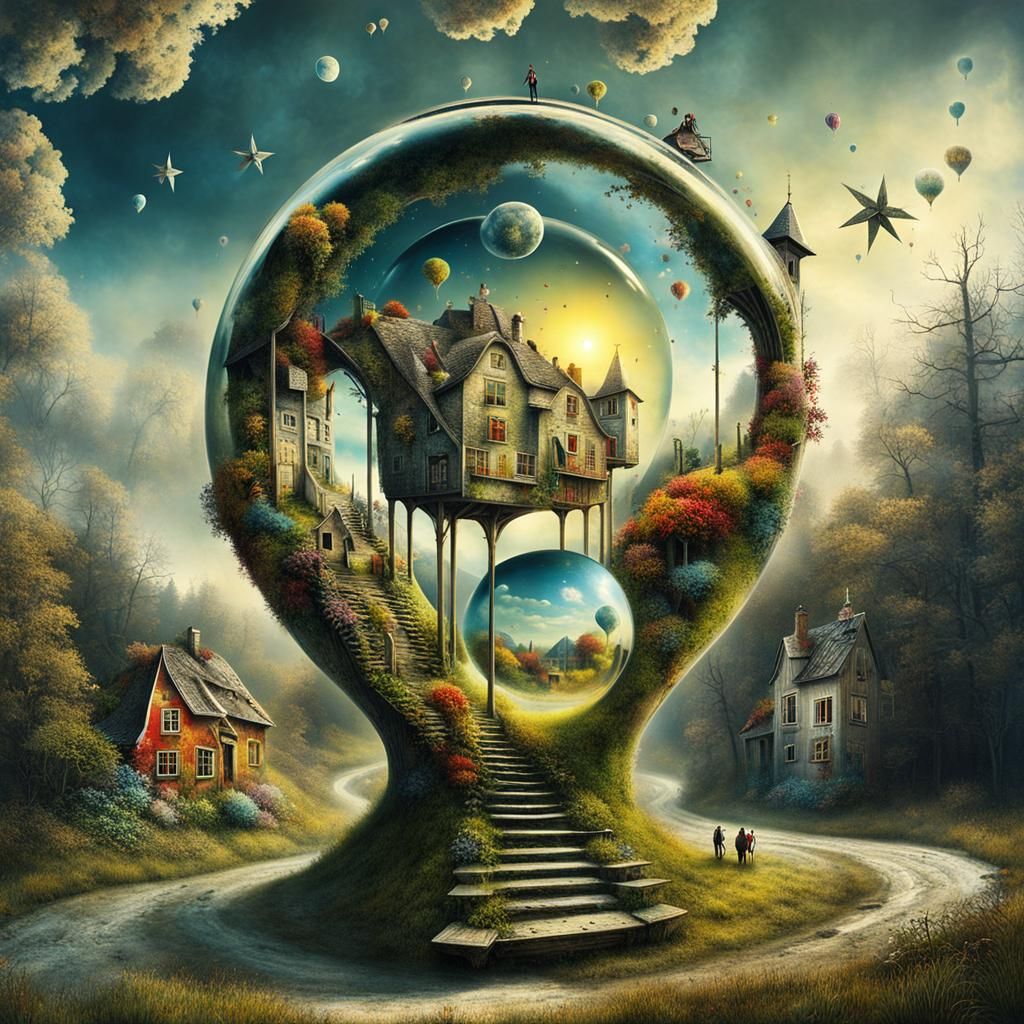 Surreal Village Inside a Star in Double Exposure