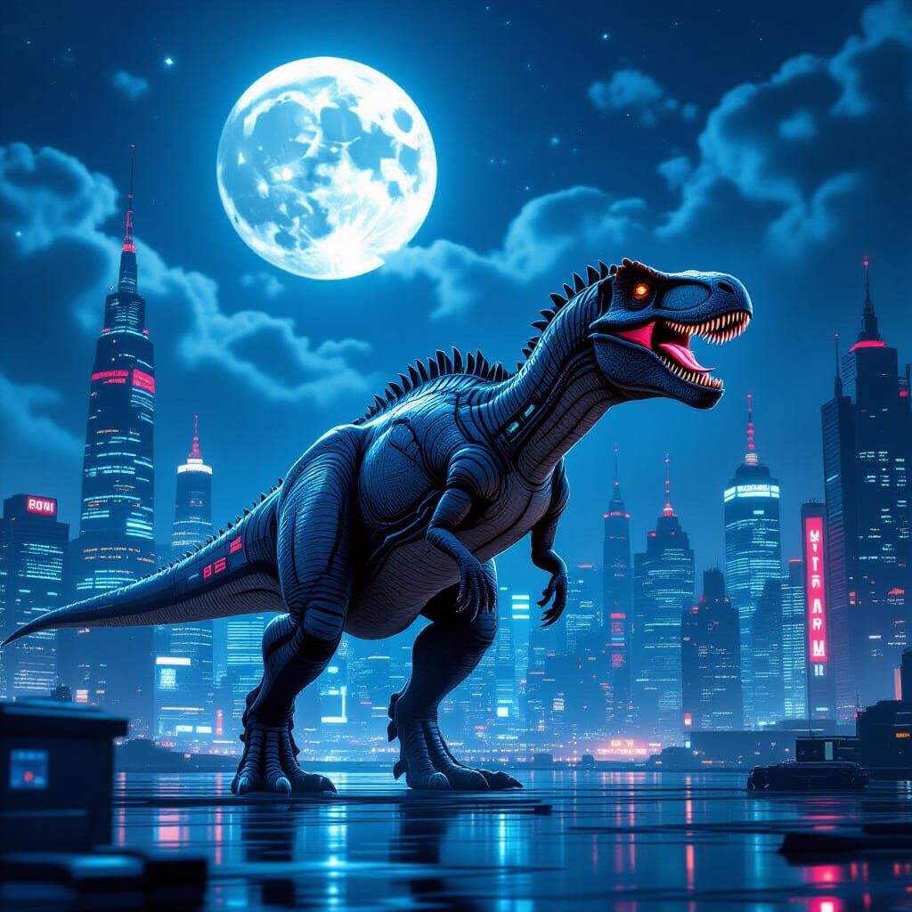 Cyberpunk Dinosaur Roams Futuristic City Under Full Moon