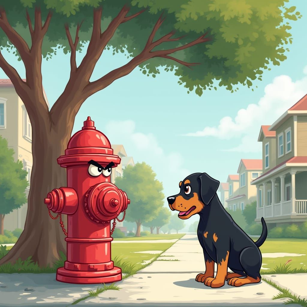 Cute Rottweiler Puppy Scared by Angry Hydrant