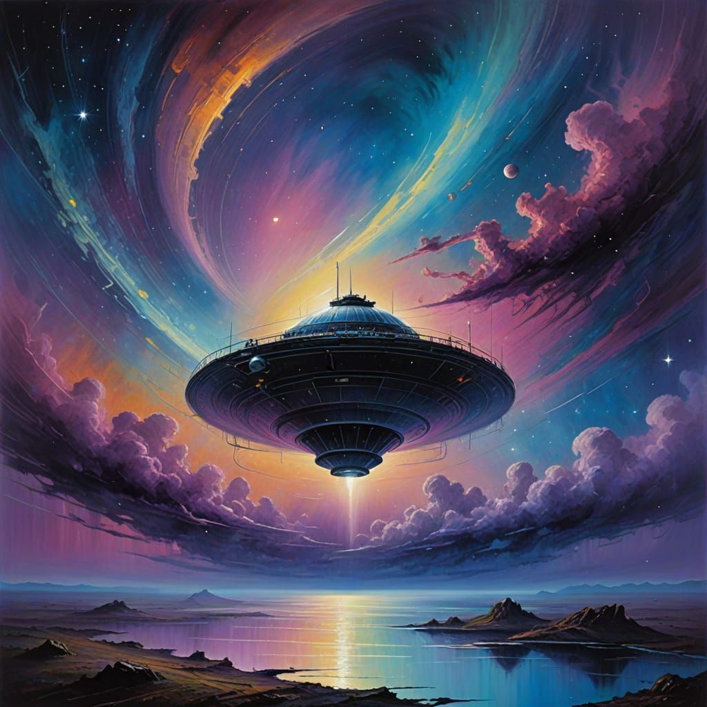 Surreal Cosmic Encounter: Space Ship Meets Saturn's Dreamy G...