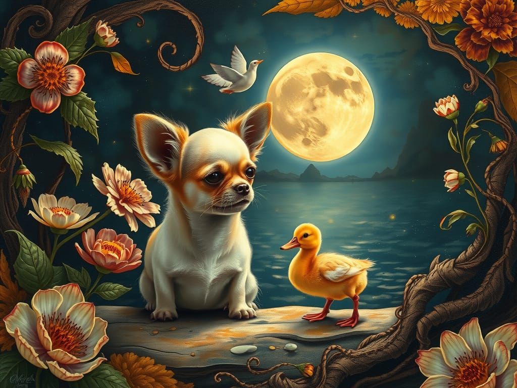 Chihuahua and Duckling Under Moon in Surreal Style